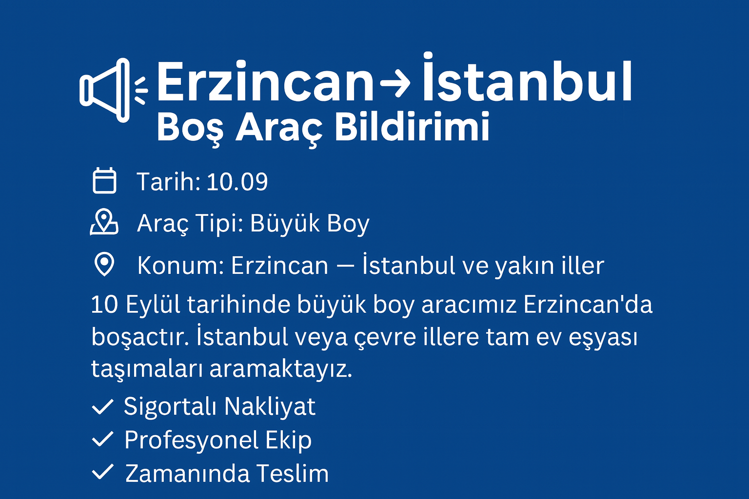 Erzincan İstanbul Boş Araç Bildirimi