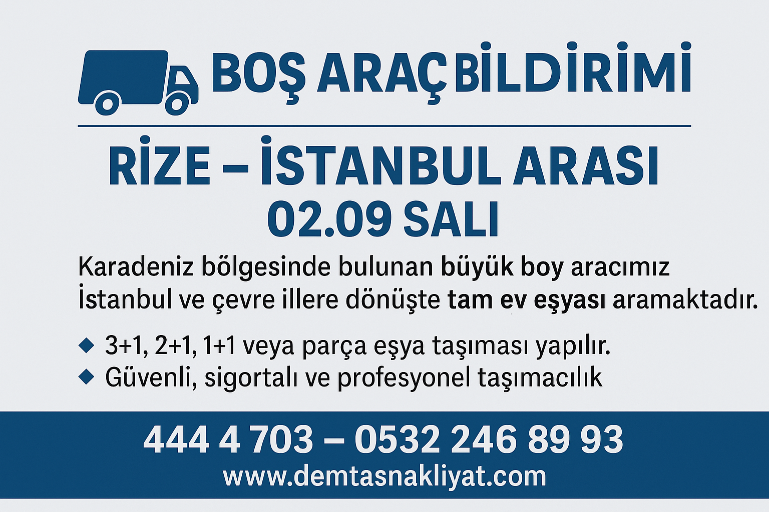 Rize İstanbul arası Boş Araç